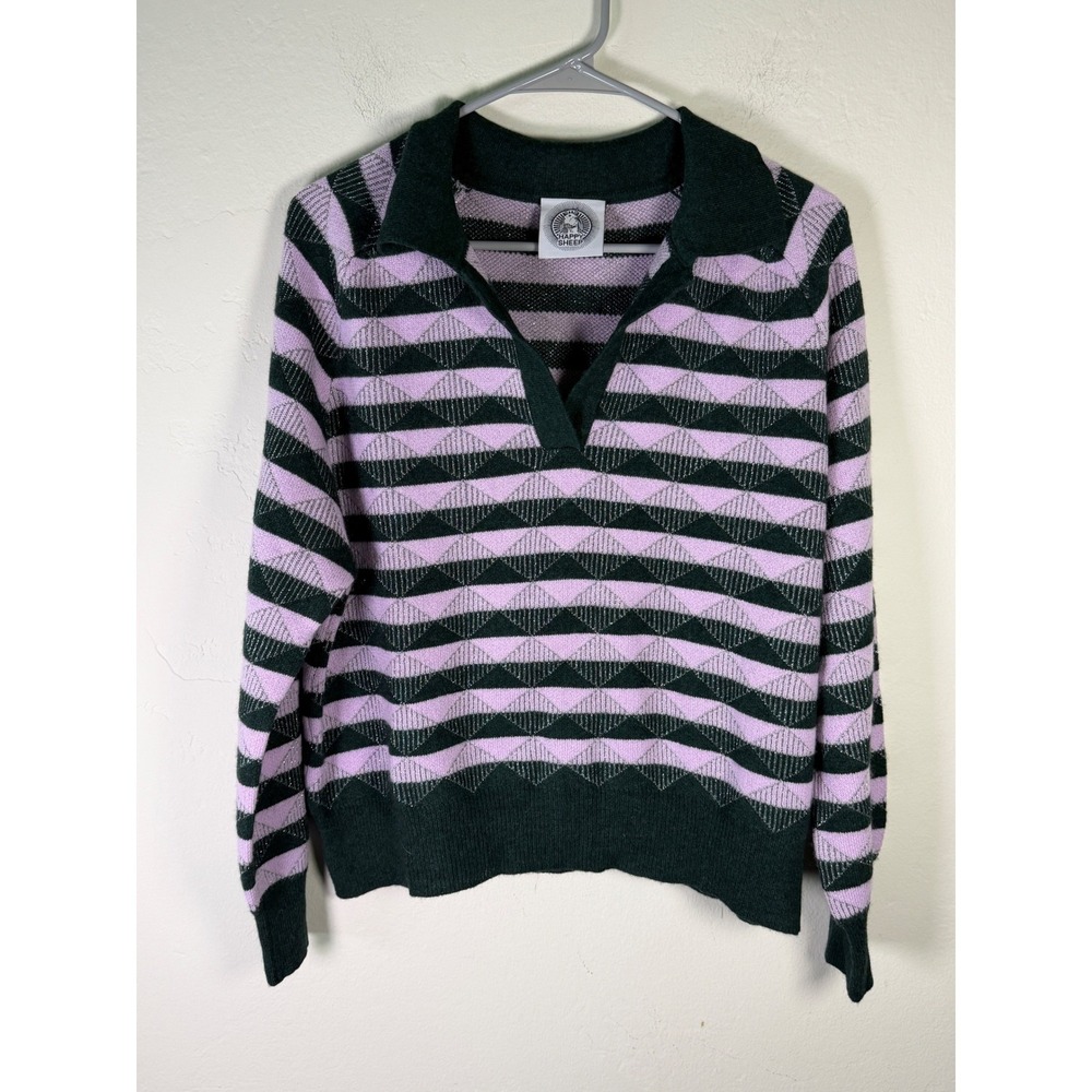 Happy Sheep Merino Cashmere Geometric Diamond Polo Sweater Green Purple Small